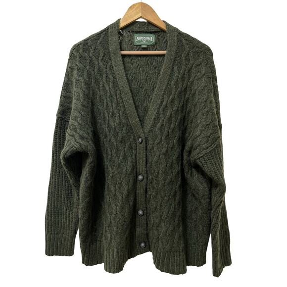 American Eagle Cable Knit Boxy Wool Blend Cardigan Size L Army Green Womens - Picture 1 of 6